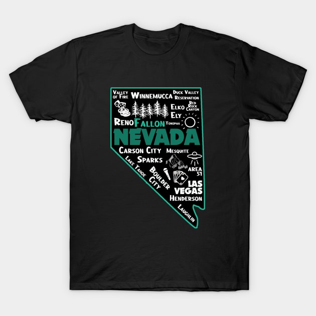 Fallon Nevada Map Las Vegas Winnemucca Reno Elko Ely Carson City Boulder City T-Shirt by BoogieCreates